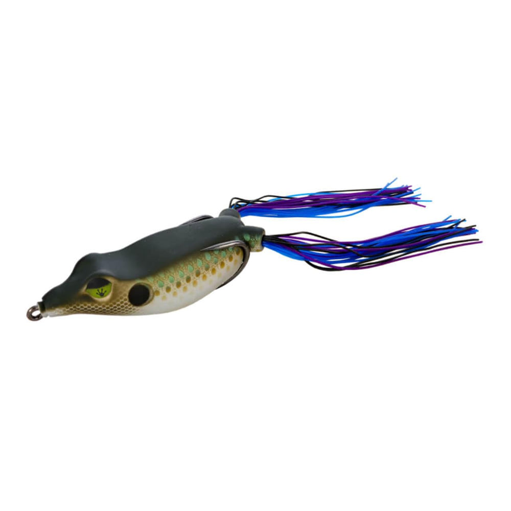 Frog Factory Sonic Boom 70 topwater frog lure with Mylar flash legs attracts bass on walks.