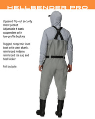 Hellbender Pro X-back suspenders adjust for a secure fit.