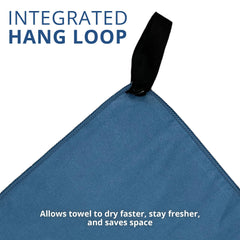 Frogg Toggs towel with hang loop offers easy backpack or tent attachment.