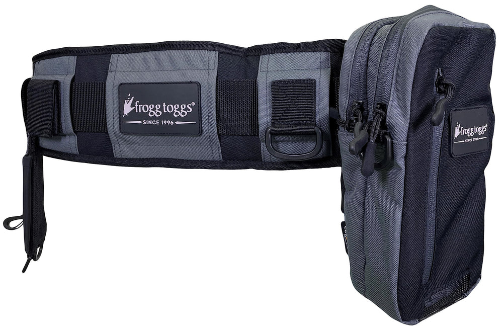 FROGG TOGGS Pursuit Wading Belt with quick-access pockets for tackle on the riverbank.