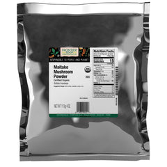 Frontier Co-op Maitake Mushroom Powder bottle highlighting earthy flavor for smoothies and soups.