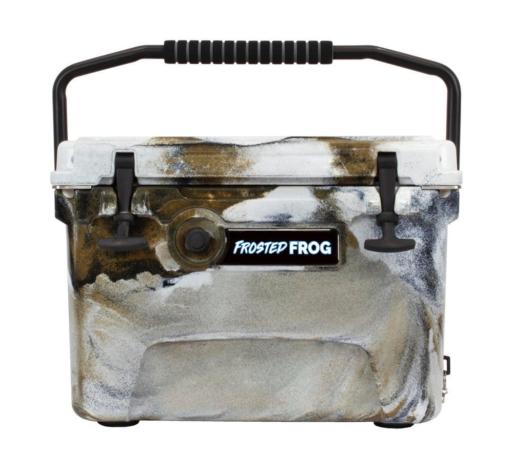 Frosted Frog desert camo 20-quart ice chest for rugged outdoor cooling.