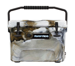 Frosted Frog desert camo 20-quart ice chest for rugged outdoor cooling.