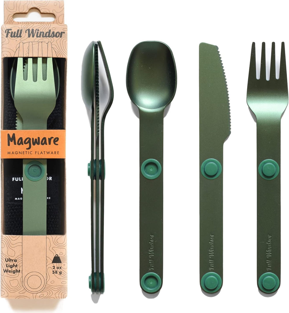 Full Windsor MagWare magnetic cutlery set in green packaging for easy travel