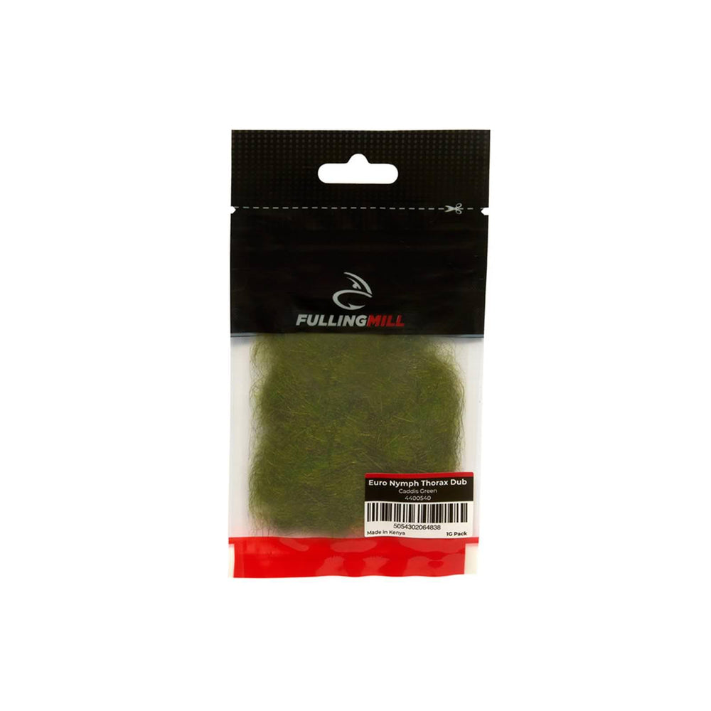 Fulling Mill Euro Nymph Thorax Dub Caddis Green displays a sculpted, spiky thorax for lifelike nymphs