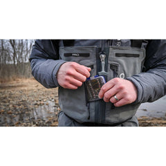 Fulling Mill Pocket Box Blue tucked in pocket enables quick access on water.