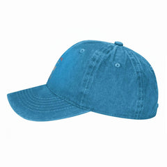 Back view showing adjustable metal buckle on blue hat