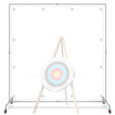 Funnymoom archery backstop stand assembled in a backyard for safe, contained practice