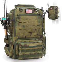 FunVZU fishing backpack in forest green camo shows spacious tackle storage.