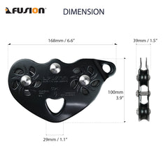 Fusion Climb Advent trolley pulley side view showing compact profile for space limited installations.