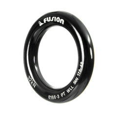Close-up of Fusion Climb orange-black aluminum O-ring showing forged finish.