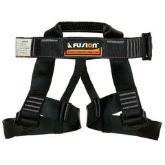 Fusion Climb harness detail shows 5,000 lb rating and sturdy buckle