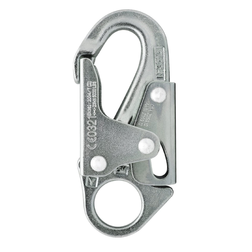 Fusion Climb Maxi-2 snap hook close-up showcasing drop-forged steel finish for lasting durability.