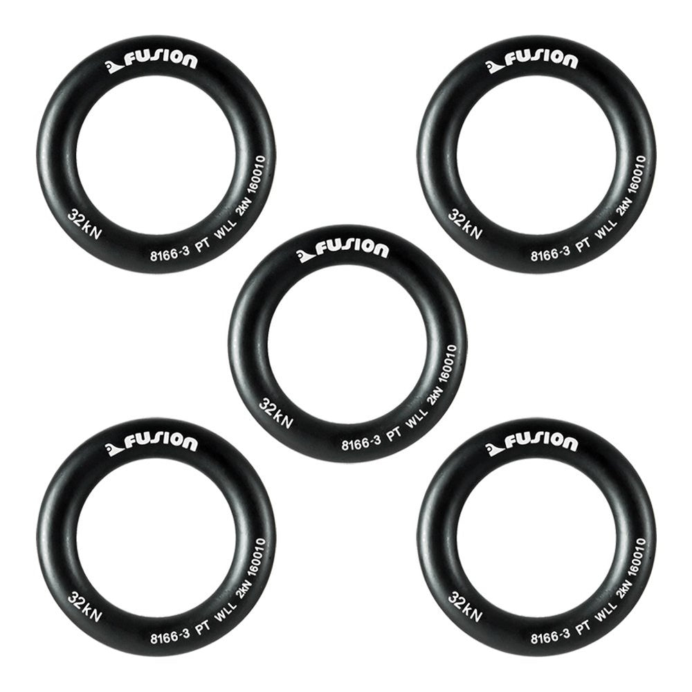 Fusion Climb small 2-inch aluminum O-Ring in orange and black, lightweight anchor point for rigs.