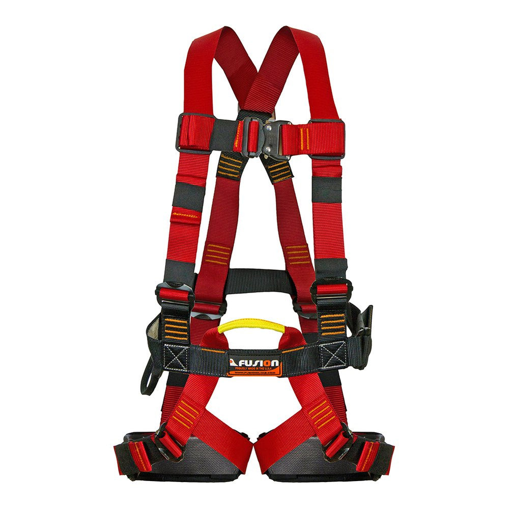 Fusion Climb Streak Racer harness front view for comfortable ziplining and climbing sessions.
