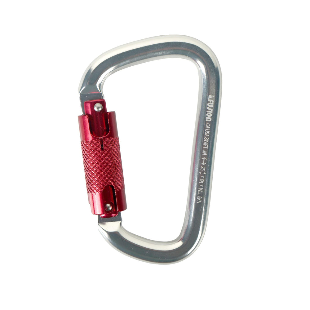 Fusion Climb Swift auto-locking carabiner close-up shows rugged construction for secure locking.