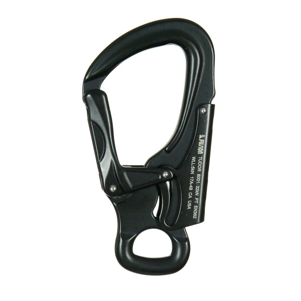 Fusion Climb Tudor captive-eye snap hook shows cross-loading prevention and easy clipping