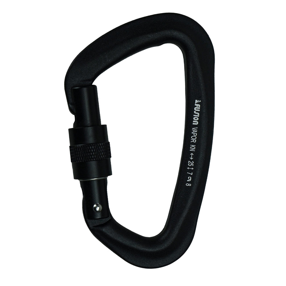 Fusion Climb Vapor III screw-gate D-carabiner in black for secure quick clips.