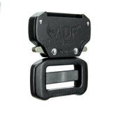 Fusion Raptor II buckle front view highlights aerospace-grade strength for duty wear.