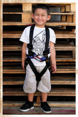 Fusion Warrior Kids full body harness black, front view, secure and comfortable for young climbers.