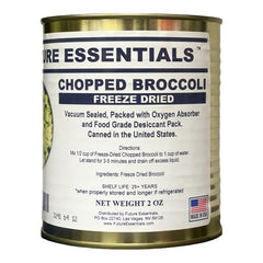Future Essentials broccoli can front view, long shelf life for emergency prep