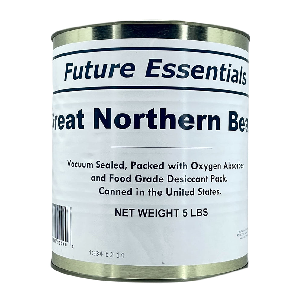 Future Essentials Great Northern Beans can label for pantry storage and long shelf life.