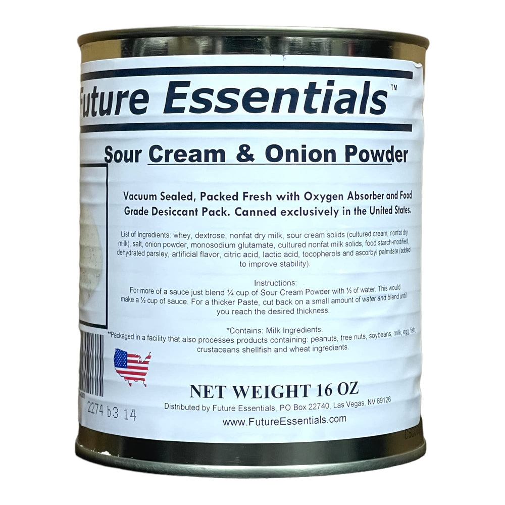 Future Essentials sour cream powder can front for long-term pantry storage.