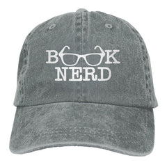 Fwoeqiz Book Nerd Hat front view in distressed denim for casual everyday wear.