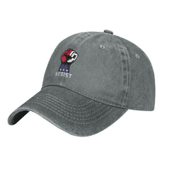 fwoeqiz Resist Fist cap front view shows distressed denim flair