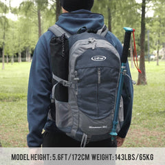 G4Free 35L hiking backpack side pocket open reveals organized storage for bottles.