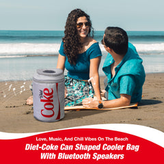Gabba Goods Diet Coke Cooler Bag with speaker on, playing tunes during outdoor BBQ.