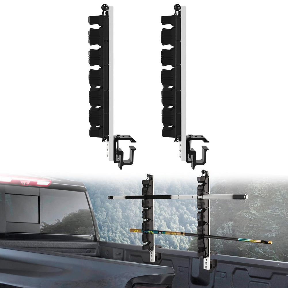 GADFISH fishing rod holder mounted in a truck bed securing rods during transit.