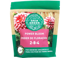 Gaia Green Power Bloom 500g bottle label highlights high-phosphate formula for flowering support.