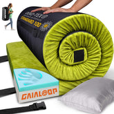 Gaialoop 3in memory foam camping mat rolled for compact storage and quick setup.