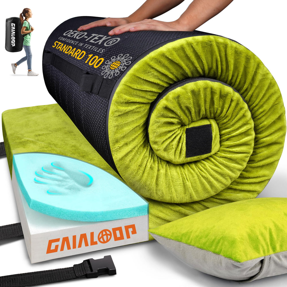 Gaialoop 3-inch memory foam camping mattress folded for compact storage