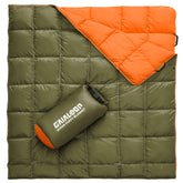 Gaialoop down puffy blanket folded in olive green provides compact warmth for camping.
