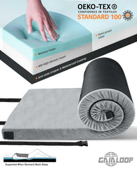 Gaialoop dual-layer memory foam camping mat rolled in its carrying case