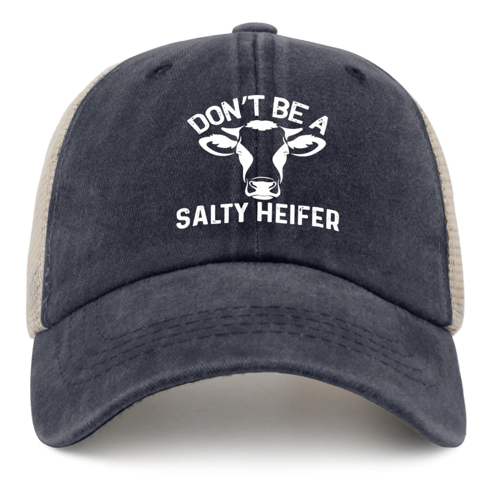 galagro Don't Be A Salty Heifer Hat front view, vintage washed denim for summer style.