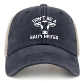 galagro Don't Be A Salty Heifer Hat front view, vintage washed denim for summer style.