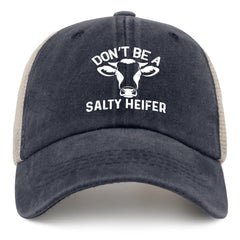 galagro Don't Be A Salty Heifer Hat front view, vintage washed denim for summer style.