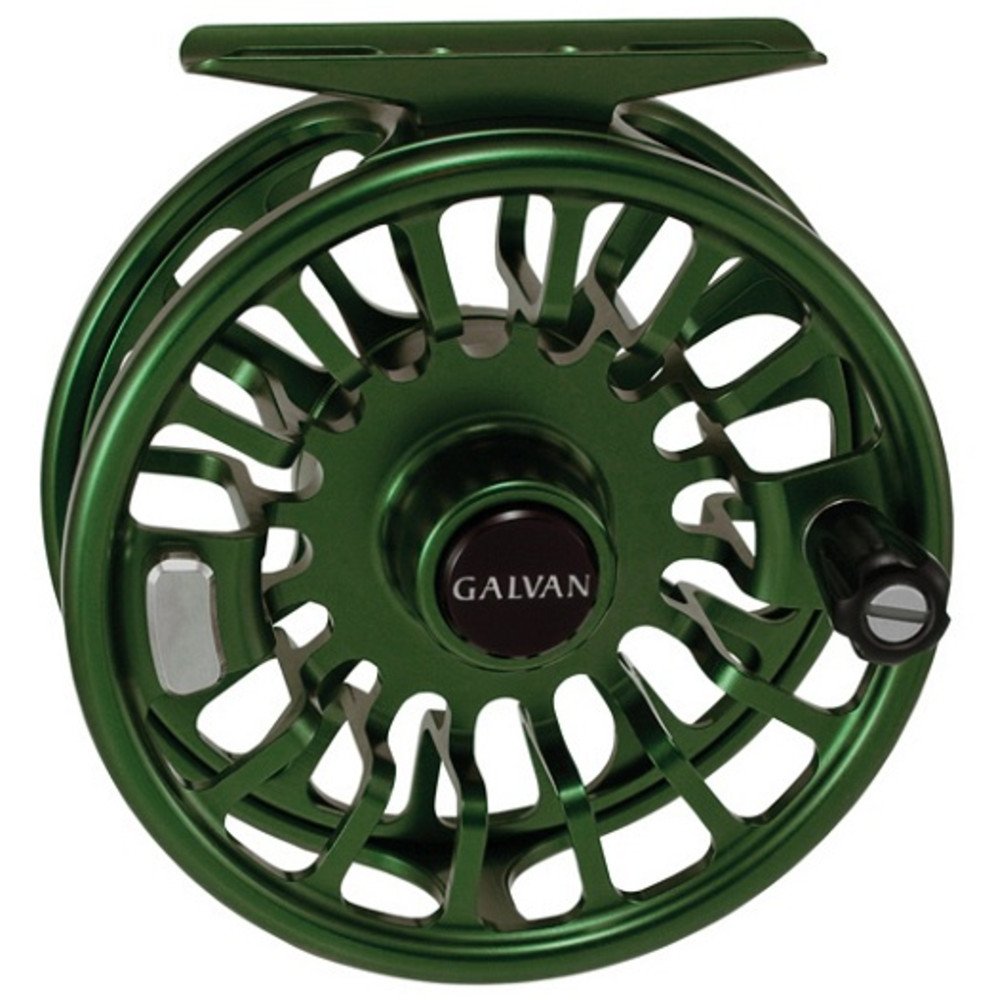 Galvan Torque Fly Reel in green with robust drag for 5-6 weight lines.