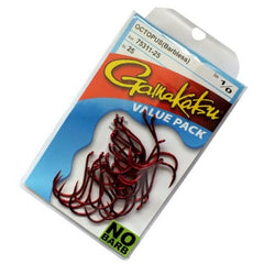 Gamakatsu barbless octopus hook size 4 red close-up shows sharp forged steel point.