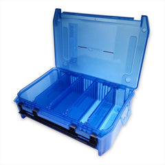 Gamakatsu G-Box 3200 showing V-shaped dividers and drainage holes for quick-dry lure storage.