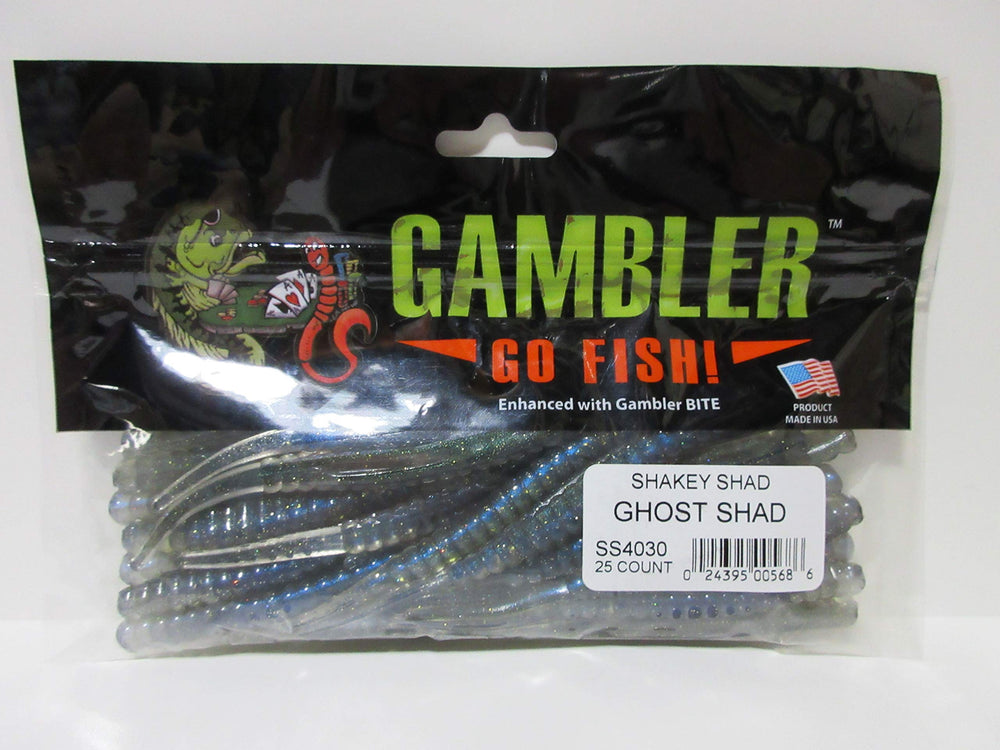 Gambler Shakey Shad 4in ghost body optimized for drop shotting with Bite attractant.
