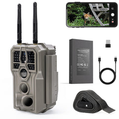 GardePro E8 2.0 Pro trail camera front view shows rugged outdoor setup for wildlife monitoring.