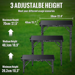 GARLLEN 2ft folding table side view highlights lightweight aluminum design for easy transport.
