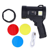 Garosa outdoor solar LED flashlight front view showing a bright beam for camping and emergencies.