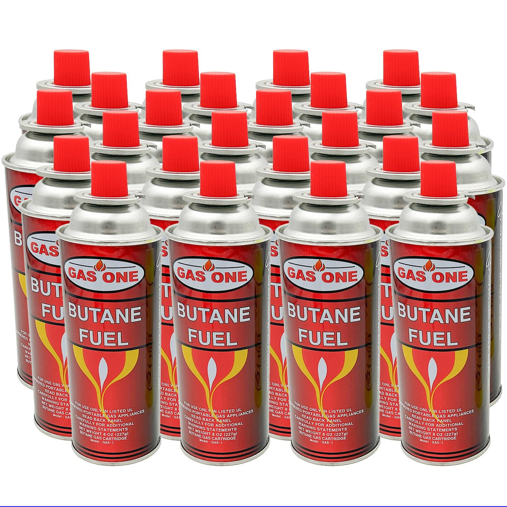 Gas One 8-ounce canister, 24-pack, ideal for universal stove compatibility.