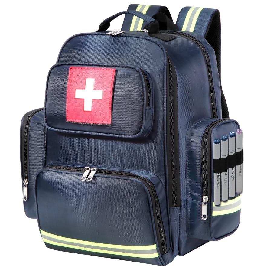 gatyclallaty first-aid backpack large navy, front view, with ample storage for essential medical gear.