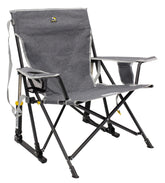 GCI Outdoor Kickback Rocker with beverage holder keeps drinks within reach during camping.